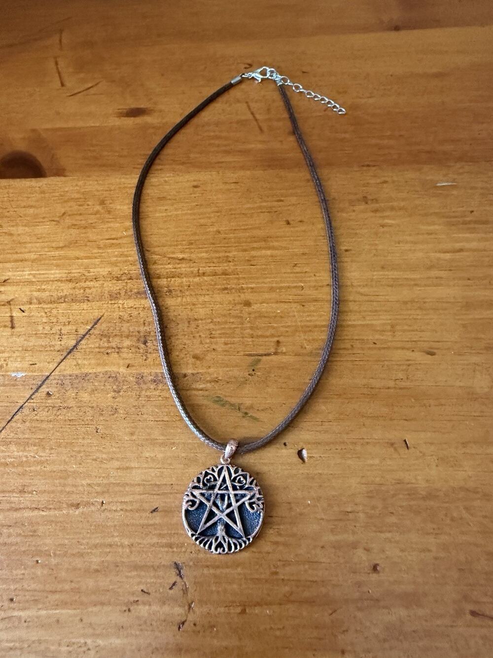Pentacle Pendant Necklace Pagan Wiccan Celtic Symbol Brown Cord Necklace